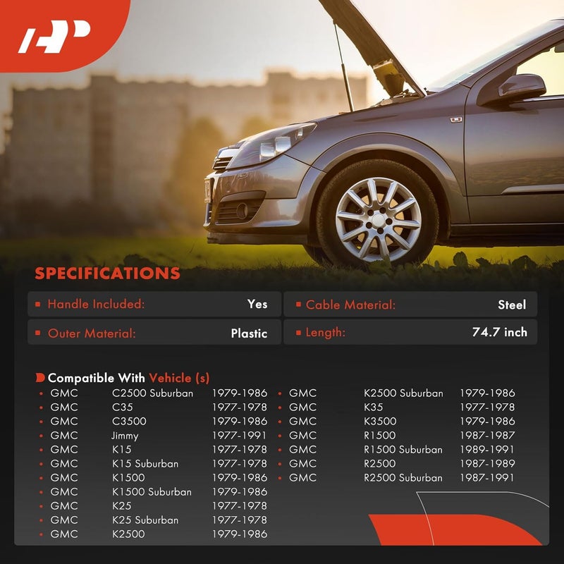 A-Premium Front Hood Latch Release Cable with Handle Compatible with Chevrolet Blazer, C10 C20 K10 K20 R10 R1500 R20 R2500 V10 V1500 V20 V2500 Suburban & GMC C1500 C2500 K15 K25 Suburban, 74.7 Inch - Image 4